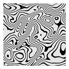 an abstract black and white painting with wavy lines