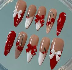 Valentines Nails With Charms, Red Cute Nails, Press On Nails With Charms, Nails With Charms, Soft Gel Tips, Vogue Nails, Long Stiletto