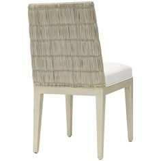 a white chair with a wicker backrest and seat pad on the bottom side