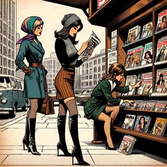 two women are looking at magazines in a book store while another woman is standing on the sidewalk