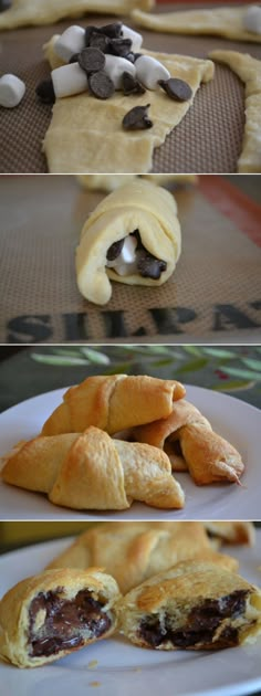 the process of making chocolate and marshmallow pastries is shown in three different stages