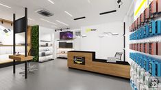 the interior of an electronics store with shelves and desks