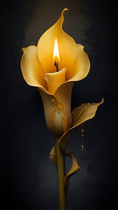 a yellow flower with a lit candle in the middle on a black background, it appears to be floating