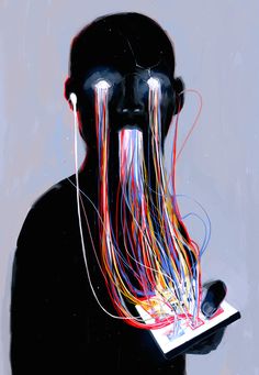 a painting of a person with long hair and wires on their head, holding a book