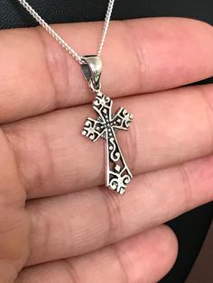 "Sterling Silver Victorian Cross Pendant Necklace. Metal: All components are made from solid .925 Sterling Silver Measurement: pendant height is 28mm (1.1\") including bail and 12.7mm (0.5\") wide Choose Chain Length You can find other cross jewelry in my shop here https://www.etsy.com/shop/LinksAndStones?ref=seller-platform-mcnav&section_id=24376960 Please feel free to Convo me with any questions before purchasing. Please view policy before purchasing Thank You For Visiting My Shop" Unique Sterling Silver Cross Necklace, Sterling Silver Cross Pendant Jewelry Gift, Sterling Silver Cross Pendant Gift, Artisan Silver Cross Pendant Jewelry, Artisan Engraved Cross Pendant Jewelry, Unique Silver Cross Pendant Necklace, Unique Silver Necklace With Cross Pendant, Cross-shaped Jewelry With Large Pendant As Gift, Cross Pendant Jewelry As A Gift