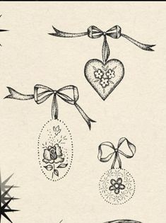 an old fashioned christmas card with ornaments and ribbons hanging from it's sides, including a heart shaped ornament