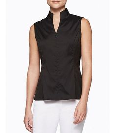 Ming Wang Mandarin Collar Sleeveless Zipper Front Cotton Blend Washable Blouse | Dillard's Modern Fitted Sleeveless Blouse, Fitted Vest With Stand Collar For Spring, Elegant Fitted Tops With Band Neckline, Elegant Fitted Top With Band Neckline, Elegant Cotton Sleeveless Blouse Vest, Mandarin Collar Shirt Women, Designer Plus Size Clothing, Pencil Skirt Work, Mandarin Collar Shirt