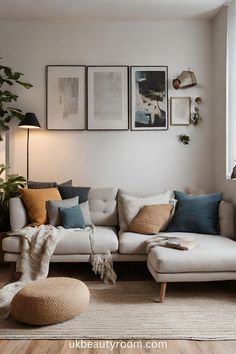 a living room filled with lots of furniture and pictures on the wall above it's couch