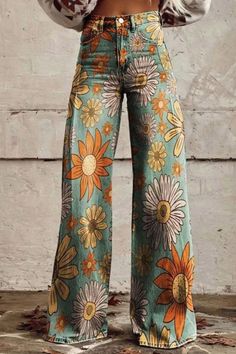 These women's vintage floral daisy print casual wide-leg pants jeans epitomize a blend of nostalgic elegance and relaxed comfort. Adorned with delicate floral daisy patterns, they offer a touch of vintage charm, while the wide-leg cut ensures ease of movement. Perfect for embracing casual sophistication with a hint of retro allure. Trendy Multicolor Full-length Jeans, Summer Floral Print Cotton Wide Leg Pants, Multicolor Full Length Jeans For Summer, Multicolor Full-length Jeans For Summer, Multicolor Full Length Jeans For Spring, Multicolor Full-length Jeans For Spring, Spring Multicolor Full-length Jeans, Spring Floral Print High Waist Wide Leg Pants, Green High Waist Printed Bottoms