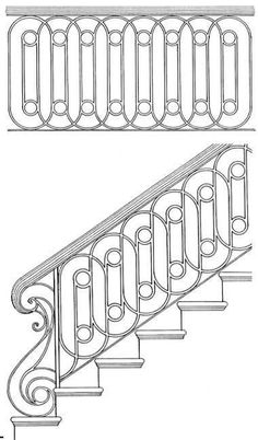 an architectural drawing of a staircase and handrail with wrought ironwork on the sides