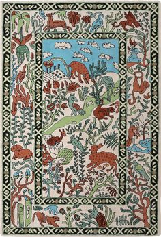 an intricately designed rug with animals and plants in the center, on a white background