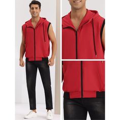 Sleeveless sweatshirt vest features pockets for you to keep your small items. A hoodie vest can be worn alone or paired with other garments like t-shirts or long-sleeved shirts for a daily look. Pair a hoodie vest with shorts, jeans, and casual trousers to create a different look. Hoodie vest is suitable for sports, camping, travel and daily wear. Red Cotton Casual Sweater Vest, Casual Red Cotton Sweater Vest, Winter Cotton Sports Vest, Red Vest With Pockets, Cotton Sweater Vest With Pockets, Casual Red Vest With Pockets, Cotton Sleeveless Sweater Vest With Pockets, Sleeveless Cotton Sweater Vest With Pockets, Red Sleeveless Vest With Pockets