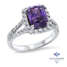 Beautiful purple sapphire center stone with diamond halo and diamond studded band - a one of a kind, non traditional engagement ring! The perfect pop of color for when you decide to pop the question Perfect as an engagement ring or anniversary present! This one of a kind purple sapphire ring is surrounded by a sparkling diamond halo and accompanied with a diamond studded split shank band. It's an elegant and truly one of a kind, non traditional engagement ring that packs a gorgeous punch of colo Purple Sapphire Zales, Engagement Rings With Purple, Purple Cushion Cut Brilliant Ring, Purple Brilliant Cushion Cut Rings, Purple Sapphire Ring With Halo Setting, Purple Sapphire Ring With Halo Setting For Promise, Purple Diamond Halo Ring, Purple Diamond Ring With Halo Setting For Promise, Purple Diamond Rings With Halo Design