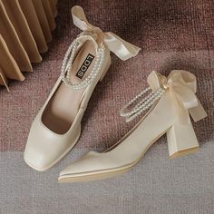 Elegant Pearl Bow High-heeled Shoes Modakawa High Heels Elegant, Ladies High Heels, Heels Elegant, Pearl Bow, Heels Fashion, Thick Heel, Black High Heels, Apricot, High Heels