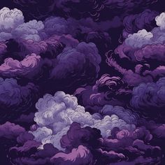 purple and white clouds are in the dark blue sky, as if they were painted with acrylic paint