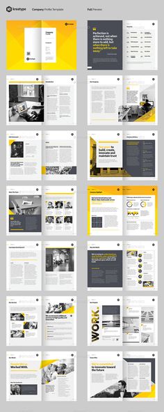 an image of a bunch of pages with yellow and black accents on them, all in different