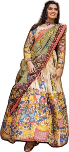 Unstitched Anarkali Set With Kalamkari Print For Wedding, Designer Bohemian Sharara With Kalamkari Print, Bollywood Style Kalamkari Print Sharara For Wedding, Kalamkari Print Sharara For Festivals, Kalamkari Print Anarkali Set For Wedding, Sharara With Kalamkari Print For Festivals, Unstitched Kalamkari Wedding Choli, Designer Wear Sharara With Kalamkari Print, Unstitched Wedding Choli With Kalamkari Print