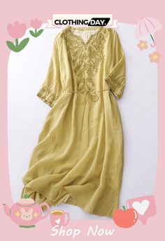 Cotton Linen Embroidered Dress Spring Long Sleeve Dress With Embroidered Neckline, Spring Dress With Embroidered Neckline And Long Sleeves, Green V-neck Embroidered Dress For Spring, Casual Midi Dress With Floral Embroidery For Spring, Beige Embroidered Midi Dress For Spring, Casual Beige Midi Dress With Floral Embroidery, Spring Embroidered Beige Dress, Beige Embroidered Spring Dress, Casual Embroidered Midi Dress For Spring