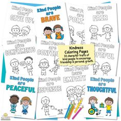 A range of kindness coloring pages with 43 different character traits of kind people. Kindness Sel Lessons, Kindness Coloring Sheets Free Printable, Class Kindness Challenge, Treat People With Kindness Bulletin Board, Positive Character Traits For Students, Character Traits Poster, Kindness Bulletin Board, Behavior Quotes