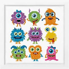 a cross stitch pattern with different colored monsters