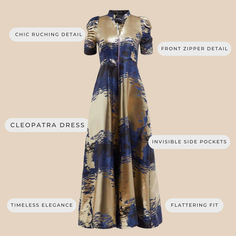 Features of the Cleopatra Dress Cleopatra Dress, The Dazzling, Royal Blue And Gold, Womenswear Fashion, Jacquard Dress, Zipper Detail, It Takes, African Fashion, Best Sellers