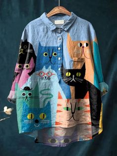 Women's Simple Colorful Flat Cat Print Casual Cotton And Linen Shirt Graffiti Clothing, Linen Shirts Women, Linen Collection, Wardrobe Needs, Flat Color, Art Shirts, Shirt Sale, Cat Print, Casual Fits