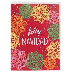 a card that says feliz navidad surrounded by colorful paper snowflakes