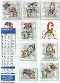 snowman abc cross stitch pattern with numbers and pictures for each letter, including the number one