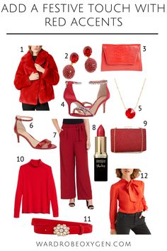 Instant glam for the holidays with pops of red. Dress up wardrobe staples with some glam accessories and simple garments at all pricepoints and sizes Simple Garments, Dress Up Wardrobe, Classic Fashion Pieces, Glam Accessories, Classic Outfits For Women