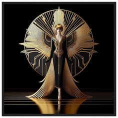 a woman in black and gold dress standing next to an art deco fan on display