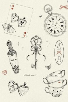 a drawing of various items that are in the shape of hearts and clocks on a sheet of paper