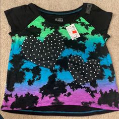 Bedazzled Justice T-Shirt Short But Not Belly Shirt! Smoke Free Nwt Playful Black T-shirt For Spring, Playful Black Cotton Shirt, Y2k Multicolor Cotton T-shirt, Fun Black Short Sleeve Tops, Cute Black Short Sleeve Tops, Galaxy Clothes, Spring List, Justice Girls Clothes, Thrift Manifestation