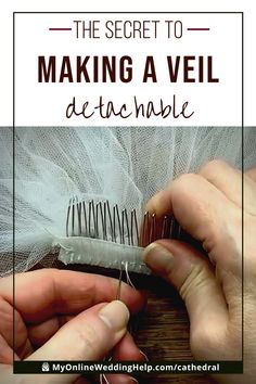 Make a detachable DIY wedding veil using velcro. Step 4 in the make a long veil tutorial is to sew the veil to the comb by pushing your needle through the tulle, velcro, and teeth of the comb. Watch and read the DIY as part of the Make a Cathedral Veil with Lace Trim tutorial on the MyOnlineWeddingHelp.com blog. Diy Wedding Veil How To Make, Diy Wedding Veil Cathedral, How To Sew A Veil, Veils Bridal Diy How To Make, How To Attach A Veil To A Comb, Cathedral Veil With Lace, Veil Tutorial, Narnia Wedding, Veil With Lace Trim