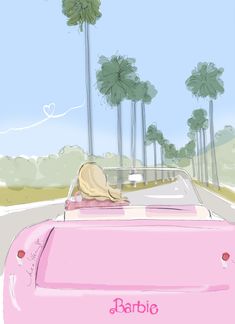 a black cat is sitting in the back of a pink car with palm trees behind it