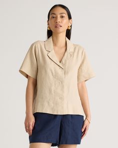 Say hi to relaxed, laidback luxe. Throw on this collared short sleeve with anything to level up a day-to-day fit. The boxy cut will pair with our linen shorts or pants to create your dream resort-life look. Our linen is made from 100% European flax, which is more sustainable and less resource-intensive to grow. Linen is the ultimate year-round fabric because it's breathable and naturally heat-regulating.  | Quince | Women's Short Sleeve Shirt in Driftwood, Size Large, Linen Dreams Resorts, Linen Short Sleeve, Short Sleeve Shirt Women, Linen Short, Linen Shorts, Short Sleeve Blouse, Quince, Short Sleeve Shirt, Sleeve Shirt