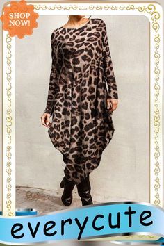 Leopard Print Long Sleeves O-neck Casual Dress Casual Crew Neck Midi Dress For Fall, Casual Winter Dress With Asymmetrical Hem, Casual Asymmetrical Hem Winter Dress, Casual Leopard Print Midi Dress For Fall, Casual Leopard Print Dresses For Fall, Casual Brown Dress With Asymmetrical Hem, Leopard Print Long Sleeve Midi Dress For Fall, Fall Long Sleeve Leopard Print Midi Dress, Fall Leopard Print Long Sleeve Midi Dress