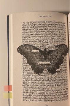 an open book with a butterfly on it