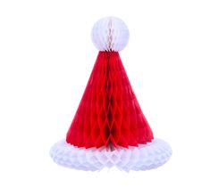 a red and white party hat with tissue pom poms