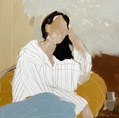 a painting of a woman sitting in a chair with her hand on her head and looking off to the side