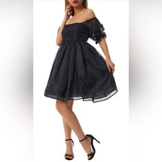 Puff Sleeve Tulle Princess Dress For Women Off Shoulder Square Neck Fairy Mini Dress Party Dress Brand New With Tags A-line Puff Sleeve Dress With Ruffles For Party, Black Organza Mini Dress, Elegant Bubble Hem Mini Dress For Party, Black Chiffon Mini Dress For Formal Occasions, Black Organza Dresses For Prom, Fitted Bubble Hem Party Dress, Fitted Bubble Hem Dress For Party, Elegant Black Bubble Dress For Party, Elegant Bubble Hem Party Dress