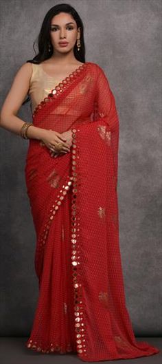 Red and Maroon color Saree in Georgette fabric with Foil Print, Mirror work Party Red Dupatta With Cutdana Detail, Red Party Dupatta With Cutdana, Red Cutdana Party Dupatta, Red Saree For Festive Party, Red Georgette Saree With Motifs, Red Saree With Zari Work For Party, Red Saree With Motifs For Party, Red Saree With Mirror Work For Celebration, Red Saree With Pallu For Party