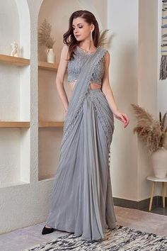 Shop for Jade By Ashima Grey Georgette Pre-draped Saree With Blouse for Women Online at Aza Fashions Draped Saree Gown, Saree Gowns, Scalloped Blouse, Grey Saree, Saree Gown, Simple Sarees, Drape Saree, Embellished Blouse, Indian Fashion Designers