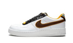 The Ricardo Tisci x Nike Air Force 1 is a high-fashion version of the iconic sneaker. Stylish changes made to the silhouette include a re-do of the toe-box perforations and a stack of overlayed v-shapes on the heel. Yellow, blue, orange, black, and brown colors liven up the white sneaker base. As part of a special collection that launched in 2014, designer Ricardo Tisci radically transformed the Air Force 1 silhouette in various heights. | Air Force 1 SP/Tisci Ricardo Tisci, Painted Nikes, White Air Forces, Riccardo Tisci, Kicks Shoes, Air Force 1 High, Nike Air Force 1 Low, Mens Nike Air, Air Force 1 Low