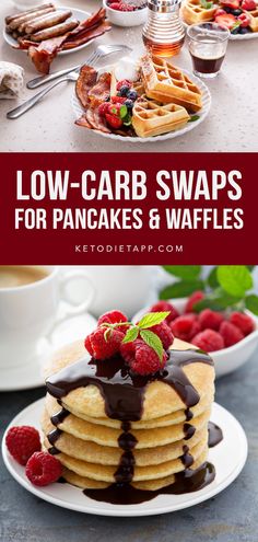 low - carb swapps for pancakes and waffles with chocolate sauce on top