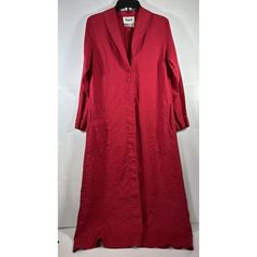 Flax Womens Linen Duster Full Length Jacket Lagenlook Layered Red Size Small Length From Shoulder To Hem Is Approximately 50 Inches. Duster Is In Good Used Condition. It Shows Light Wear And Has No Rips, Stains, Snags Or Holes. Long Red Cotton Outerwear, Red Cotton Outerwear With Drawstring Hood, Red Lagenlook Summer Dress, Linen Duster, Red Long One-size Kimono, Red V-neck Cotton Outerwear, Show Lights, Linen Women, Full Length