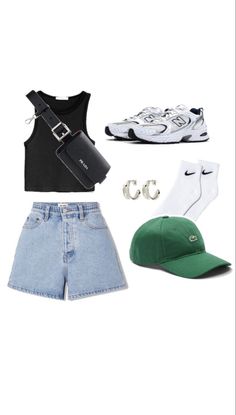 Ball cap, Jean shorts, black top, Prada belt bag, new balance sneakers, silver hoops, and tall socks Cute City Outfits Summer, Lookbook Outfits 2024, Summer Casual Travel Outfits, Black Jean Outfits Spring, Walk Outfits Summer, Athleisure Street Style Summer, Summer Outfits City Casual, Cute Summer Walking Outfits, City Summer Outfits 2023