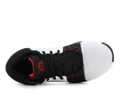 black and white sneakers with red accents on the upper part of the shoe, side view