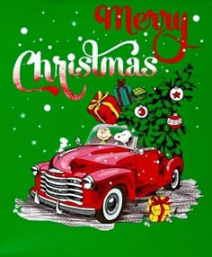 an old fashioned red car with presents on the back and merry christmas written in white