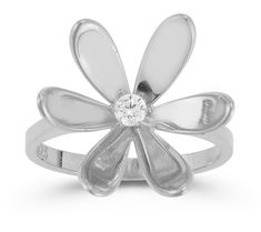 Accent your finger with the elegant poise of this flower-styled ring embellished by a sparkling cubic zirconia center. From Sterlina Silver. Cubic Zirconia Flower Promise Ring, Cubic Zirconia Flower Ring In Fine Jewelry Style, Cubic Zirconia Flower Shaped Fine Jewelry Ring, Cubic Zirconia Flower Ring Fine Jewelry, Diamond Flower Promise Ring, Flower Shaped Ring With Center Stone, Flower-shaped Ring With Center Stone, White Flower Ring With Center Stone, Silver Cubic Zirconia Flower Ring