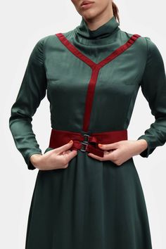 Casual style dress, with zipper closure at the back, decorative V-shaped straps applied on the front, with long sleeves, cut on the front side, adjustable and detachable strap in the waist area. The dress can be worn both everyday and for events.70% cotton/30%SilkIt is recommended to wash at low temperatures. It is better to iron the product at a special regime for silk. Midi Silk Dress, Smart Casual Dress, Structured Dress, Red Velvet Dress, Elegant Outfits, Premium Product, Contemporary Luxury, Silk Midi Dress, Fashion Dresses Casual